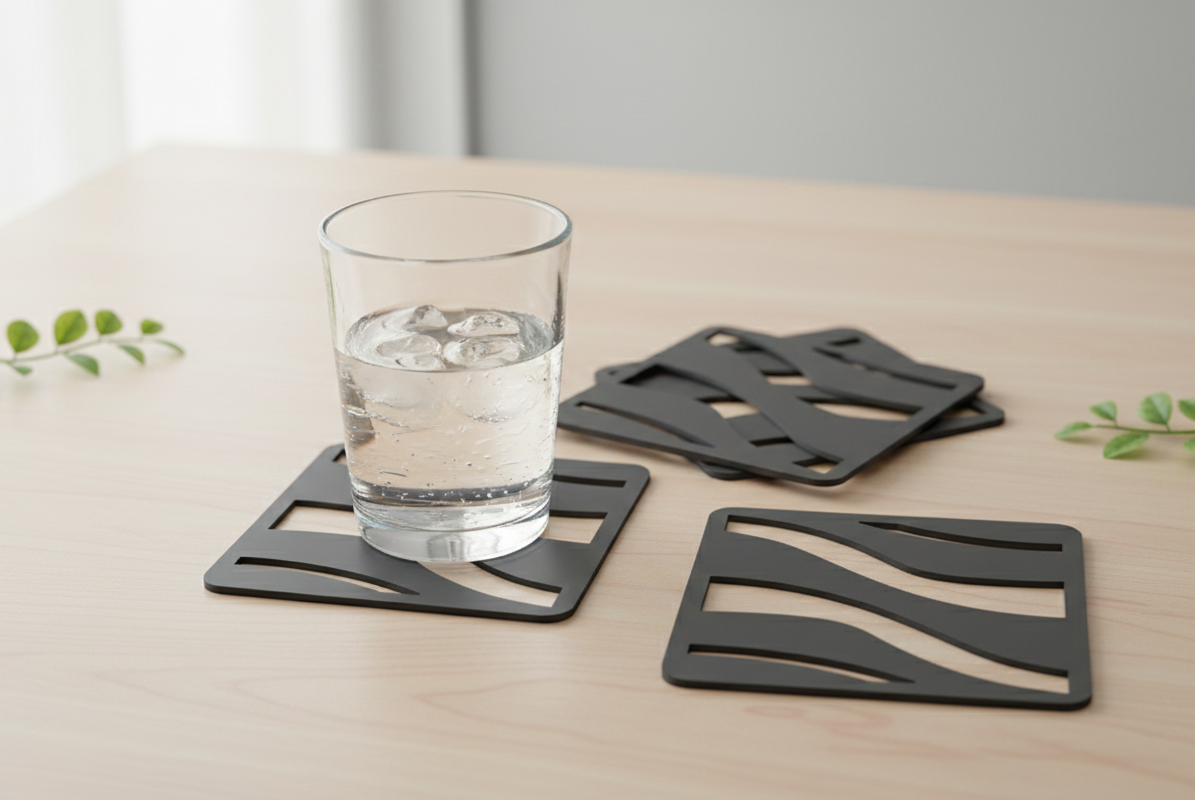 Untersetzer Gläser schwarz matt – Metall Glasuntersetzer Wave Design – Tassenuntersetzer modern – Drink Coaster Set 2–4